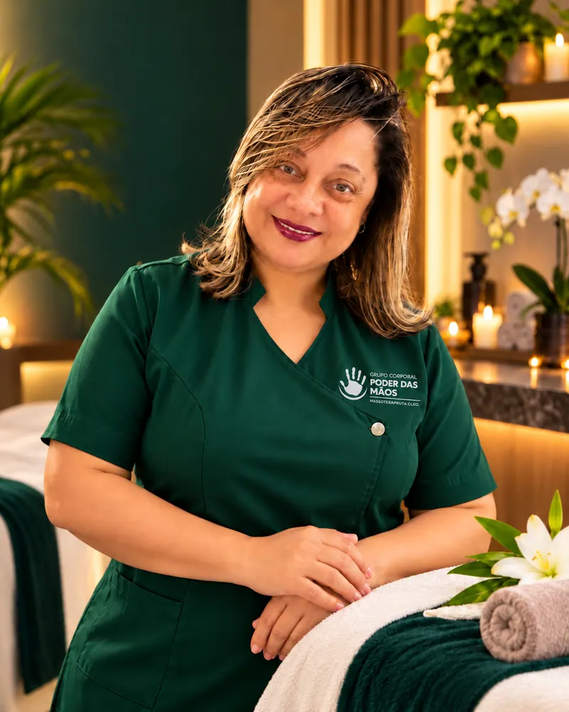 Massoterapeuta Cleo em ambiente profissional de massoterapia em Goiânia