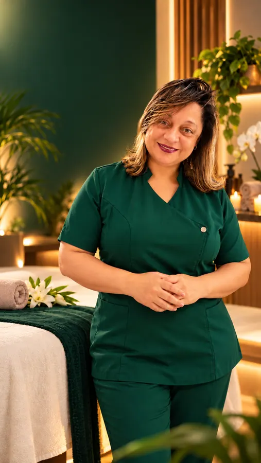 Retrato acolhedor da Cleo no spa terapêutico